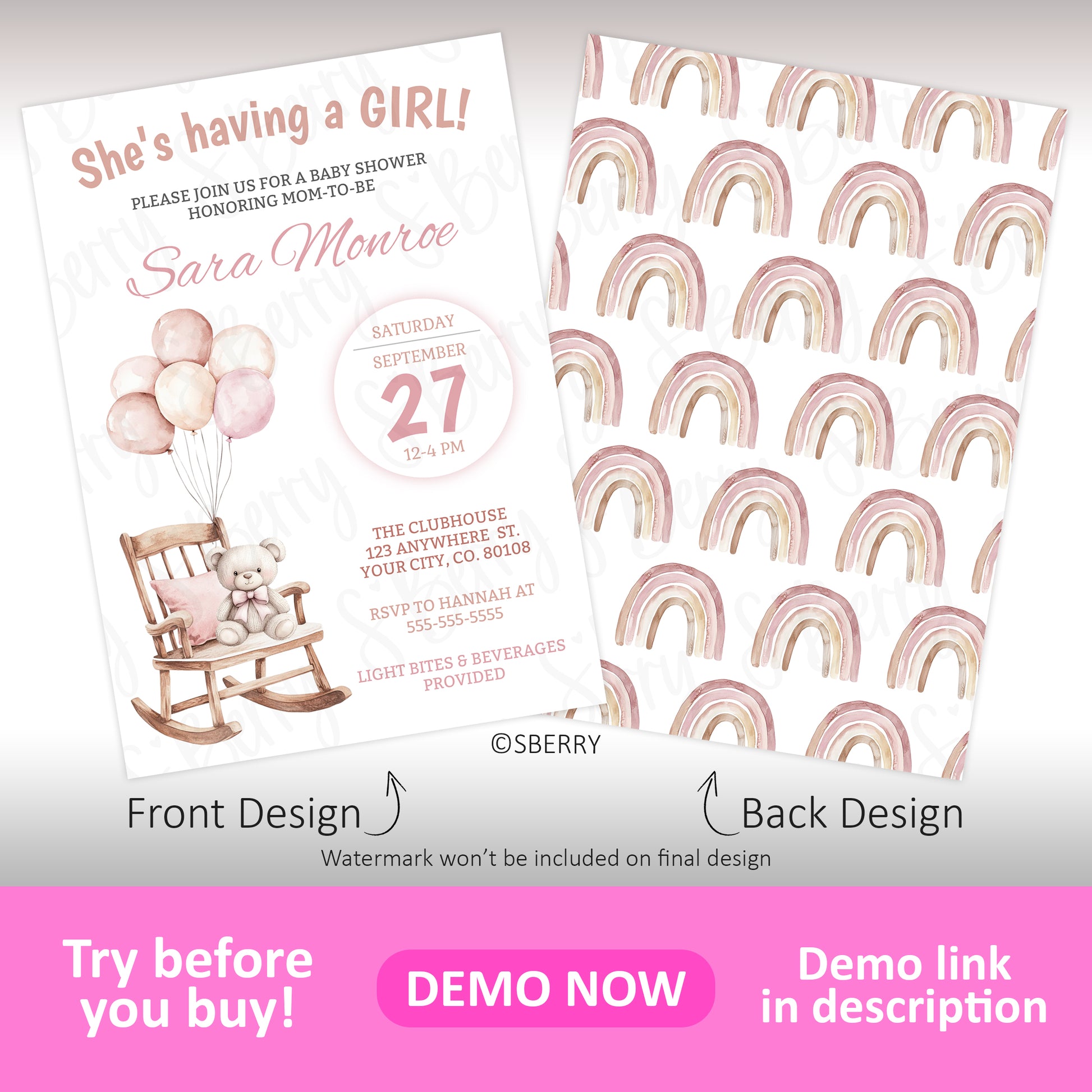 Baby shower invitation for a girl featuring a teddy bear on a rocking chair with event details on the front and a pink watercolor rainbow pattern on the back.