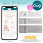 A smartphone displays a baby shower invitation template on the Corjl platform, alongside step-by-step instructions for purchasing, editing, and downloading the design.