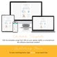 Editable baby shower invitation template displayed on a desktop, laptop, tablet, and smartphone. Instructions and matching items search information are shown below the devices.