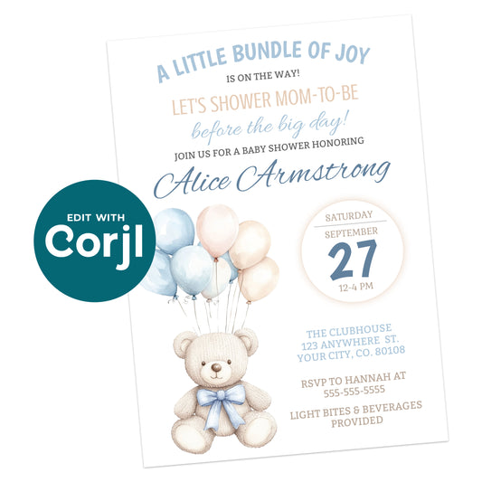 Baby shower invitation featuring a teddy bear holding pastel balloons, event details, and RSVP information for a celebration honoring Alice Armstrong.