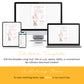 Editable baby shower invitation template displayed on desktop, laptop, tablet, and smartphone screens, with instructions for editing and matching items information below.