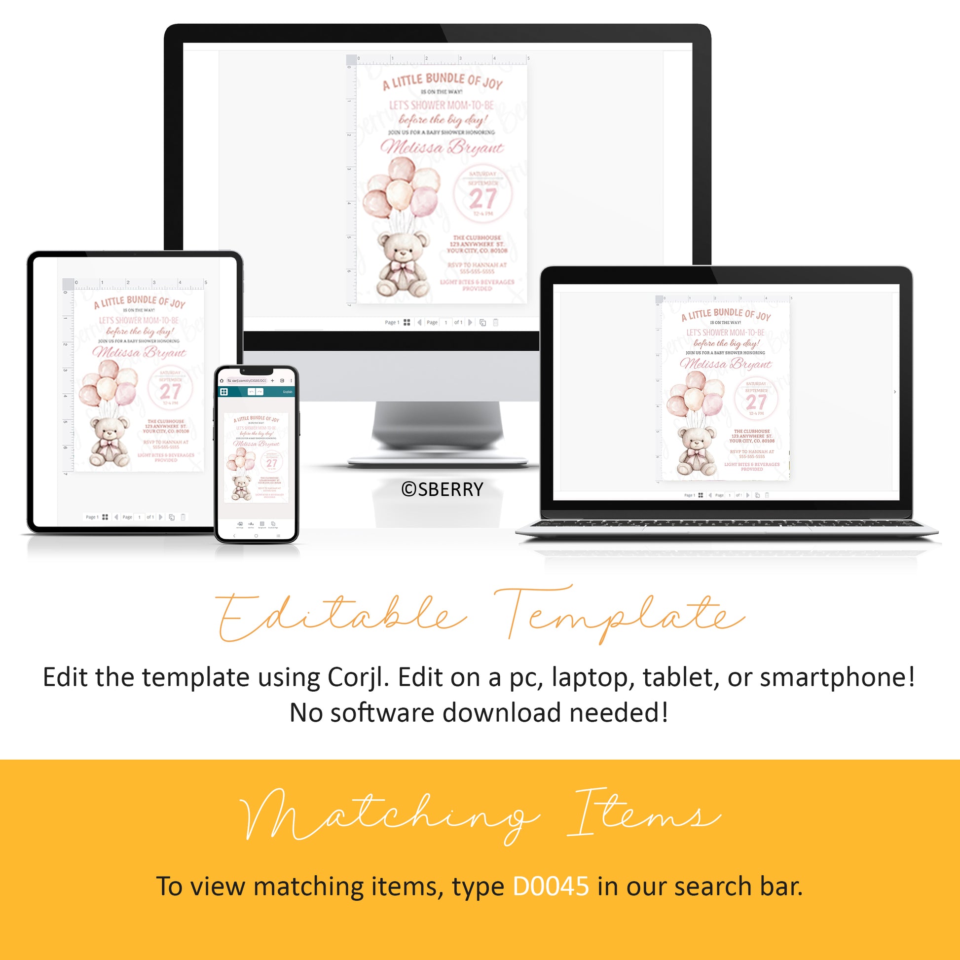 Editable baby shower invitation template displayed on desktop, laptop, tablet, and smartphone screens, with instructions for editing and matching items information below.