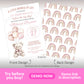 A baby shower invitation features a teddy bear holding balloons on the front and a pattern of pink and beige rainbows on the back.