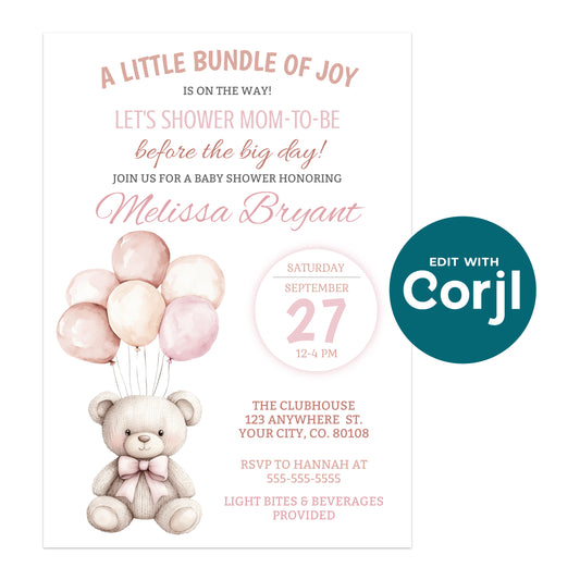 Baby shower invitation featuring a teddy bear holding pink balloons, event details, and RSVP information for a celebration honoring Melissa Bryant.