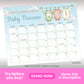 A calendar game card titled "Guess the Arrival Date of Baby Parsons," with baby clothes on a clothesline and empty date boxes for guesses.