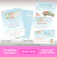 Set of baby shower invitation cards with farm and laundry themes, including a main invite, diaper raffle, thank you card, and book request card, all with illustrations and pastel colors.