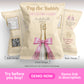 Front and back views of a bachelorette party kit package featuring a champagne bottle with a pink bow, nutrition facts, QR code, and thank you note.