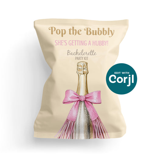 A party favor bag with a champagne bottle illustration, pink bow, and text: “Pop the Bubbly, She’s Getting a Hubby! Bachelorette Party Kit. Edit with Corjl.”.