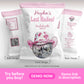 Three party favor bags labeled "Hayden's Last Rodeo! Bachelorette Party Kit" with a pink cowboy hat and disco ball design; front and back packaging designs are shown.