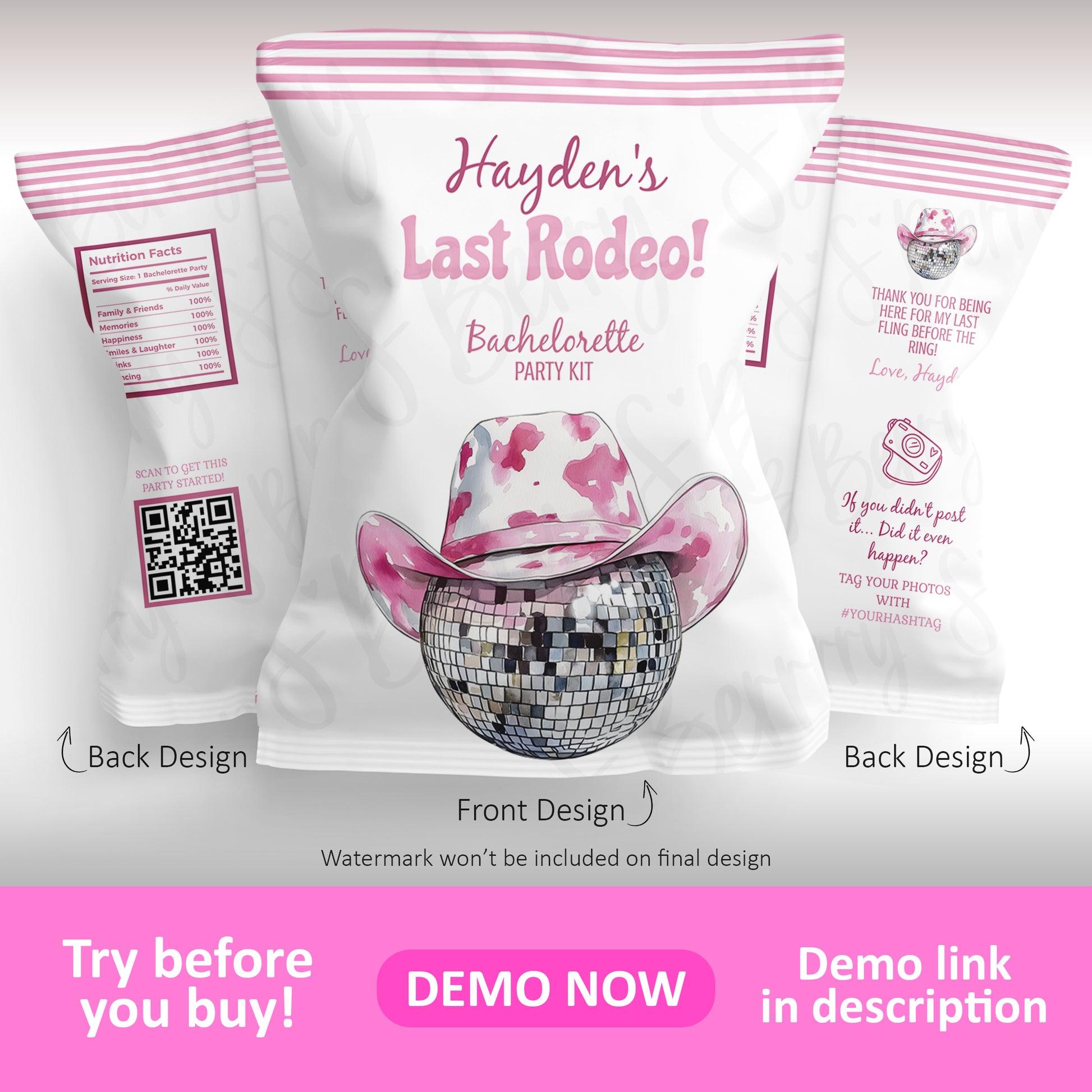 Three party favor bags labeled "Hayden's Last Rodeo! Bachelorette Party Kit" with a pink cowboy hat and disco ball design; front and back packaging designs are shown.
