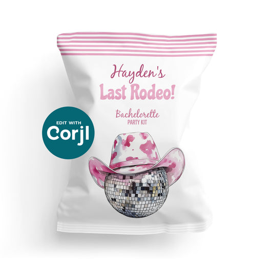 White party kit bag with pink stripes, featuring the text "Hayden's Last Rodeo! Bachelorette Party Kit" and an image of a disco ball wearing a pink cowboy hat.