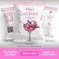 Bachelorette party kit packaging with a pink cowgirl hat in a cocktail glass on the front, and product information on the back and sides.