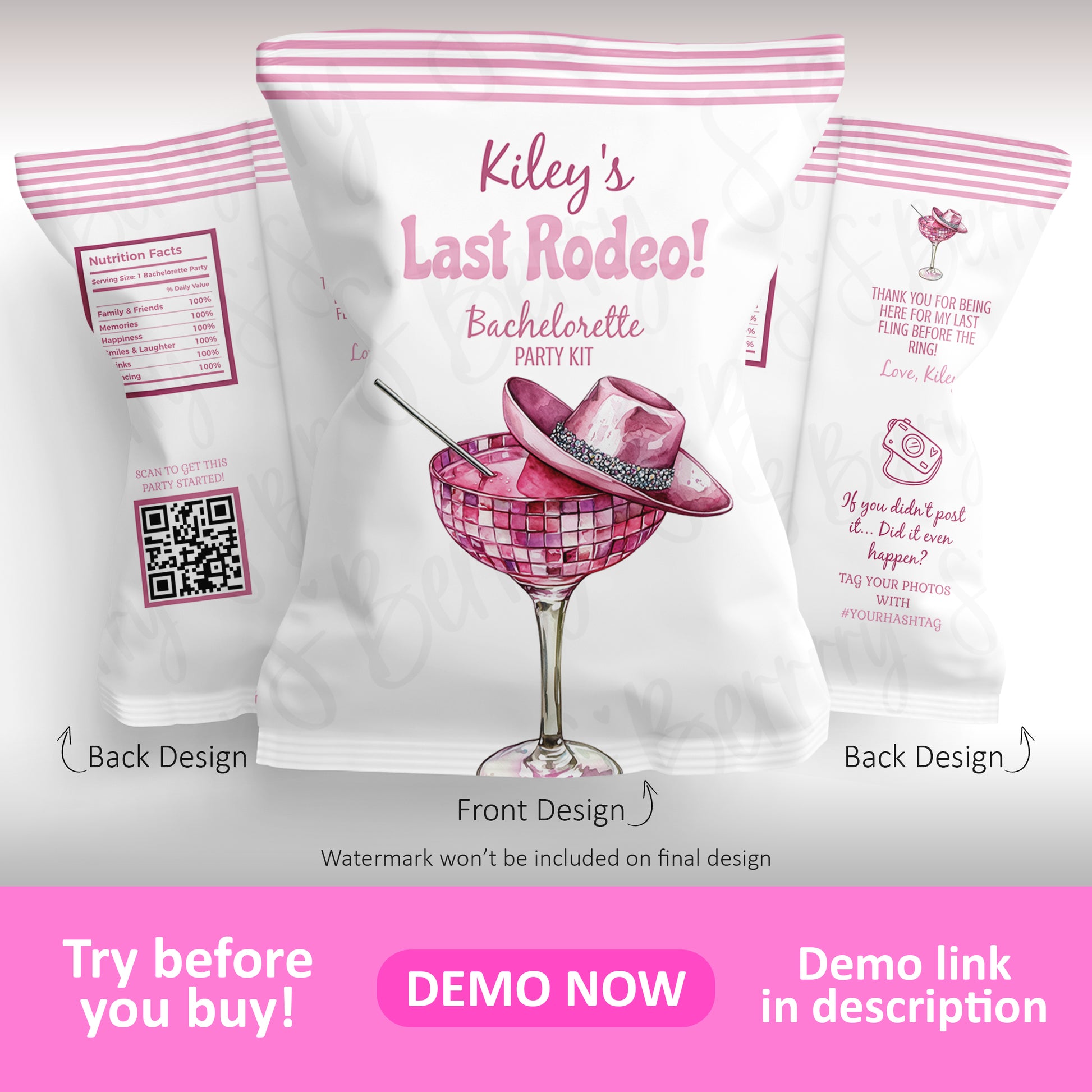 Bachelorette party kit packaging with a pink cowgirl hat in a cocktail glass on the front, and product information on the back and sides.