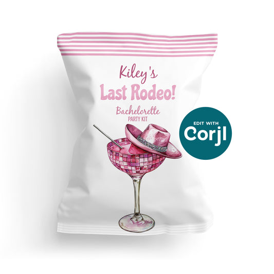 A white party favor bag labeled "Kiley's Last Rodeo! Bachelorette Party Kit" with a pink cocktail and a pink cowgirl hat illustration.