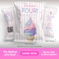 A pastel-striped party favor bag with "Madison's FOUR! Birthday Party Favor" text and an illustration of a pink, purple, and blue ice cream cone on the front.