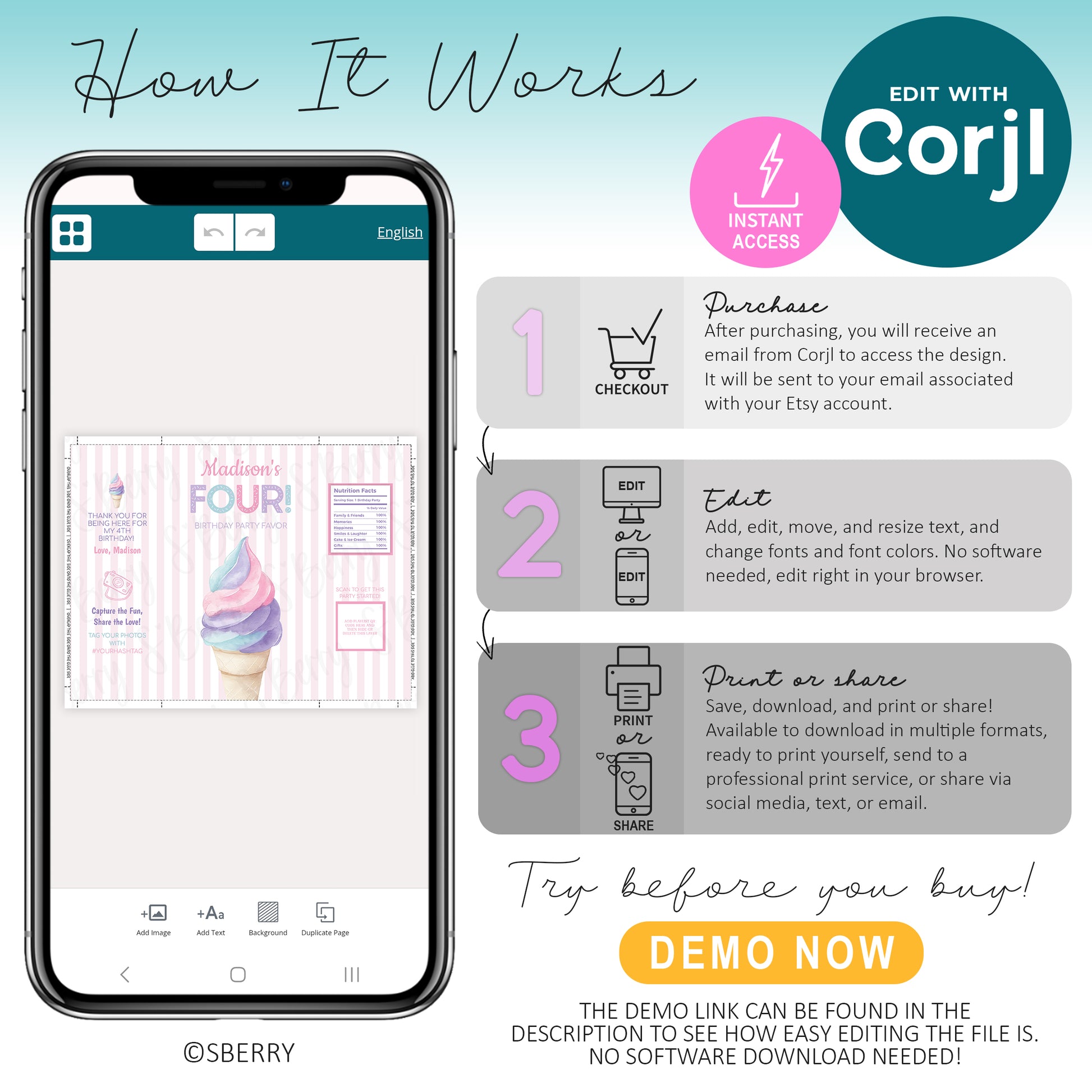Image showing step-by-step instructions for editing a digital ice cream birthday invitation using Corjl: purchase, edit online, then print or share. A phone displays the invitation design in Corjl.