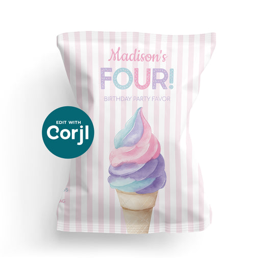 A pastel-striped party favor bag with a watercolor ice cream cone and the text "Madison's FOUR! Birthday Party Favor" printed on the front.