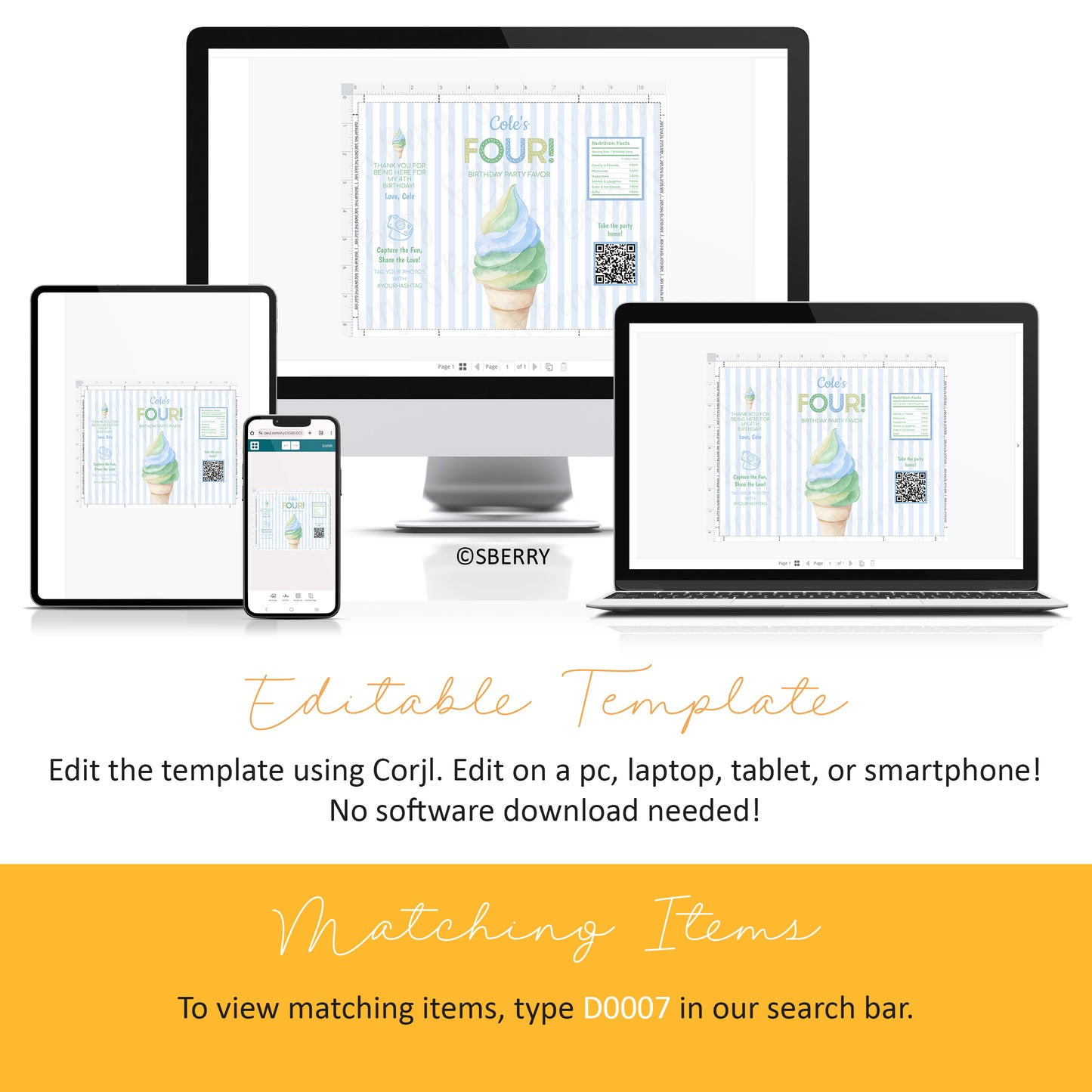 A digital birthday invitation template is displayed on a desktop, laptop, tablet, and smartphone, showing cross-device compatibility. Text below explains editing options using the Corjl platform.
