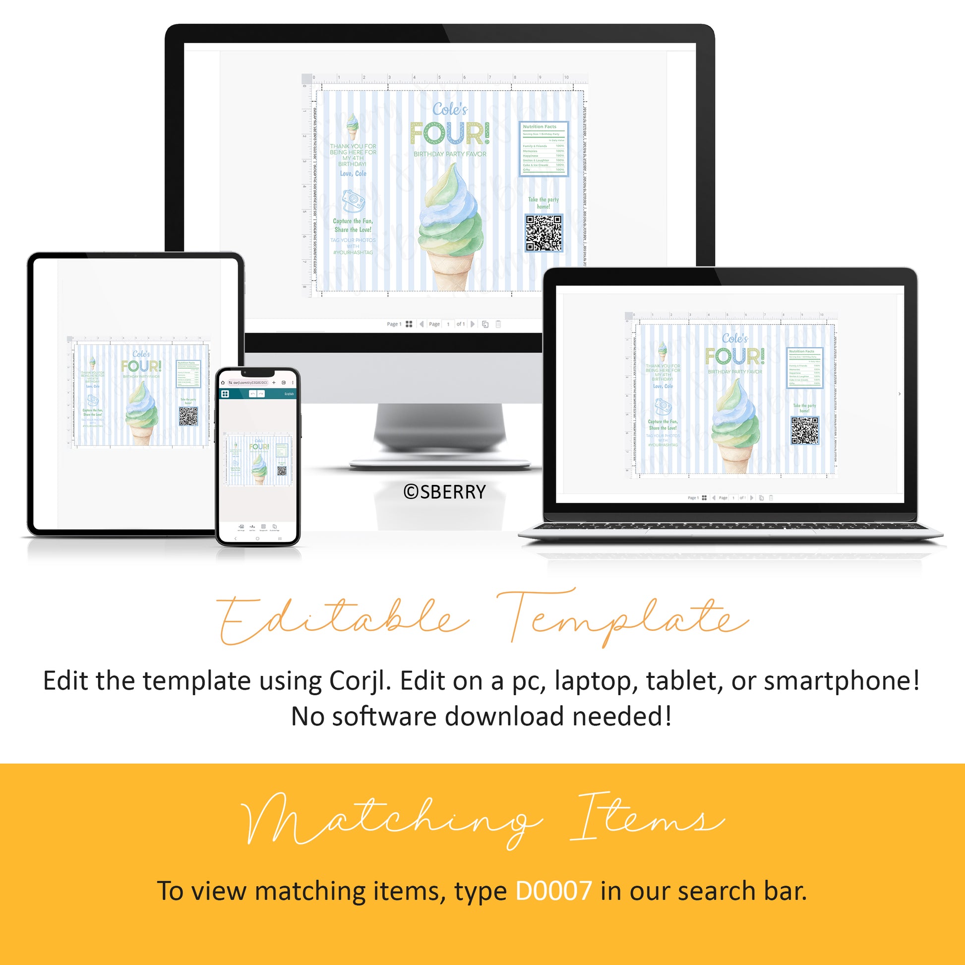 A digital birthday invitation template is displayed on a desktop, laptop, tablet, and smartphone, showing cross-device compatibility. Text below explains editing options using the Corjl platform.