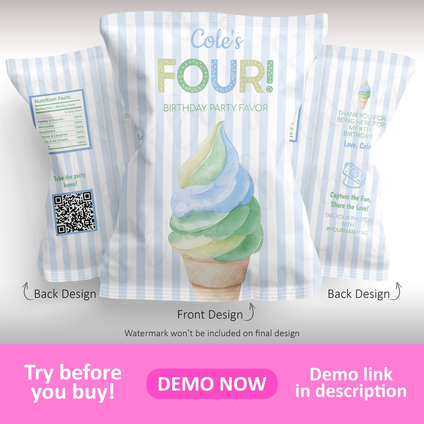 Three striped party favor bags with an ice cream cone design and text "Cole's FOUR! Birthday Party Favor" displayed, with front and back designs shown.