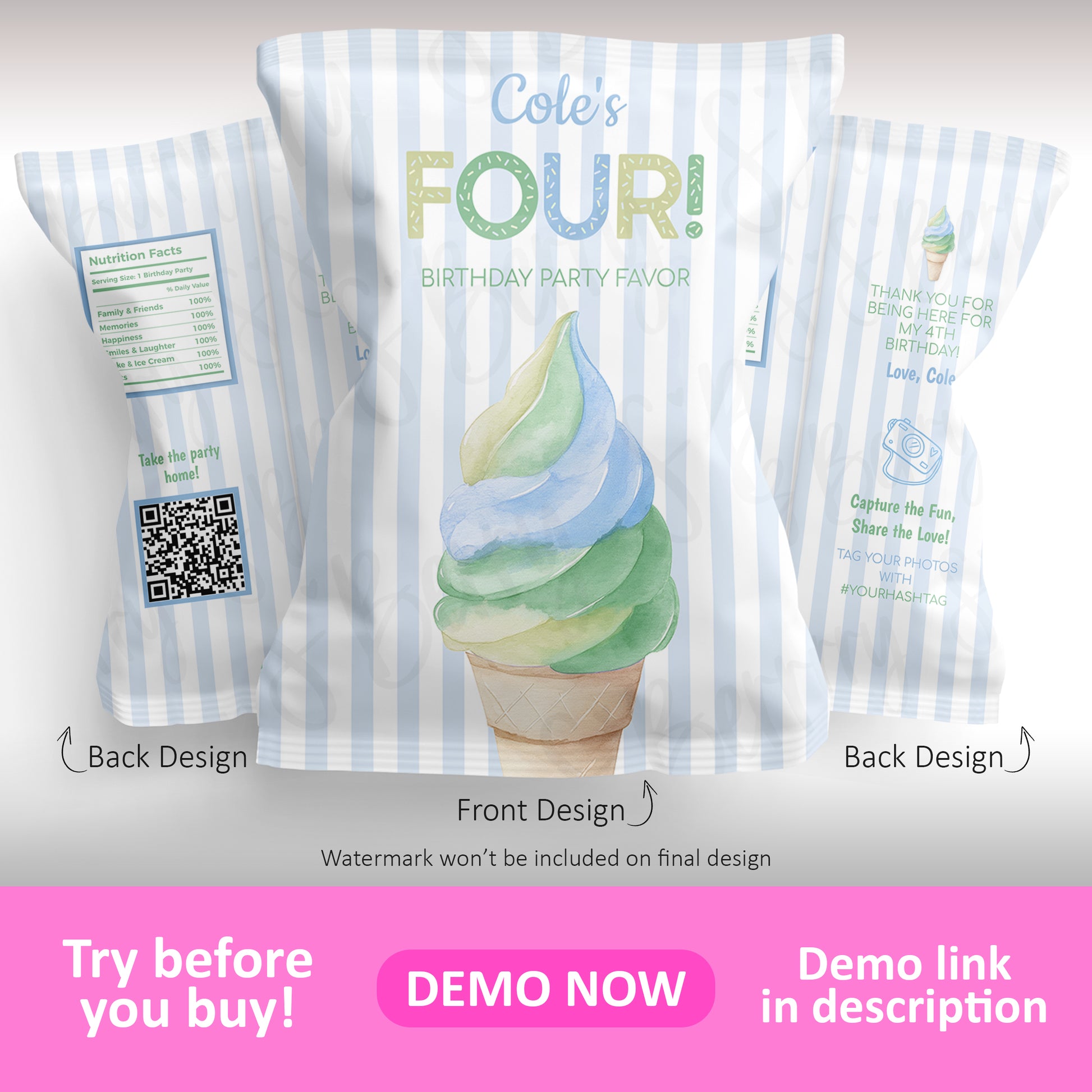 Three striped party favor bags with an ice cream cone design and text "Cole's FOUR! Birthday Party Favor" displayed, with front and back designs shown.