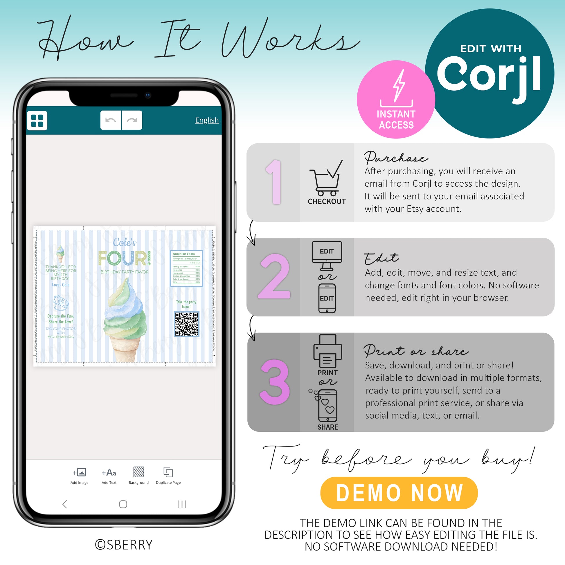 An infographic explains how to edit a Corjl template in three steps: purchase, edit, and print or share. A smartphone displays an ice cream-themed digital invitation.