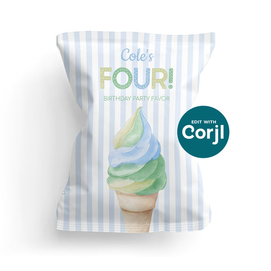 A party favor bag with blue and white stripes features an illustration of a pastel ice cream cone and text reading "Cole's FOUR! Birthday Party Favor.