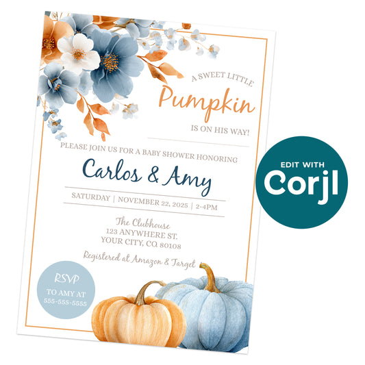 Baby shower invitation with blue and orange floral designs and pumpkins, honoring Carlos and Amy, scheduled for November 22, 2025, at The Clubhouse.