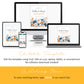 A baby shower invitation template is displayed on a desktop, laptop, tablet, and smartphone, with instructions for editing the template using Corjl and searching for matching items.
