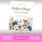 A baby shower invitation for Carlos &amp; Amy, dated November 22, 2025, with blue and orange floral decorations.