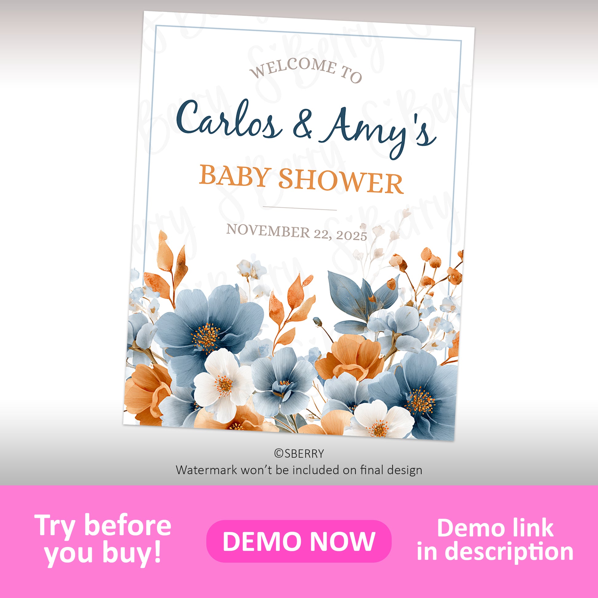 A baby shower invitation for Carlos &amp; Amy, dated November 22, 2025, with blue and orange floral decorations.