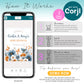 An instructional graphic explaining how to edit a baby shower invitation template on Corjl, with steps for purchasing, editing, and downloading, alongside a phone displaying the invitation design.
