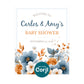 Baby shower invitation for Carlos and Amy with blue and orange flowers, event date November 22, 2025. "Edit with Corjl" badge at the bottom.