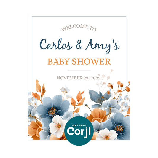 Baby shower invitation for Carlos and Amy with blue and orange flowers, event date November 22, 2025. "Edit with Corjl" badge at the bottom.