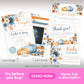 A set of floral and pumpkin-themed baby shower printables, including invitation, diaper raffle, thank you, and books for baby cards, displayed with a pink "DEMO NOW" banner at the bottom.