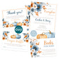 A set of autumn-themed baby shower stationery featuring pumpkins and blue-orange flowers, including invitations, thank you card, diaper raffle, and books for baby card.