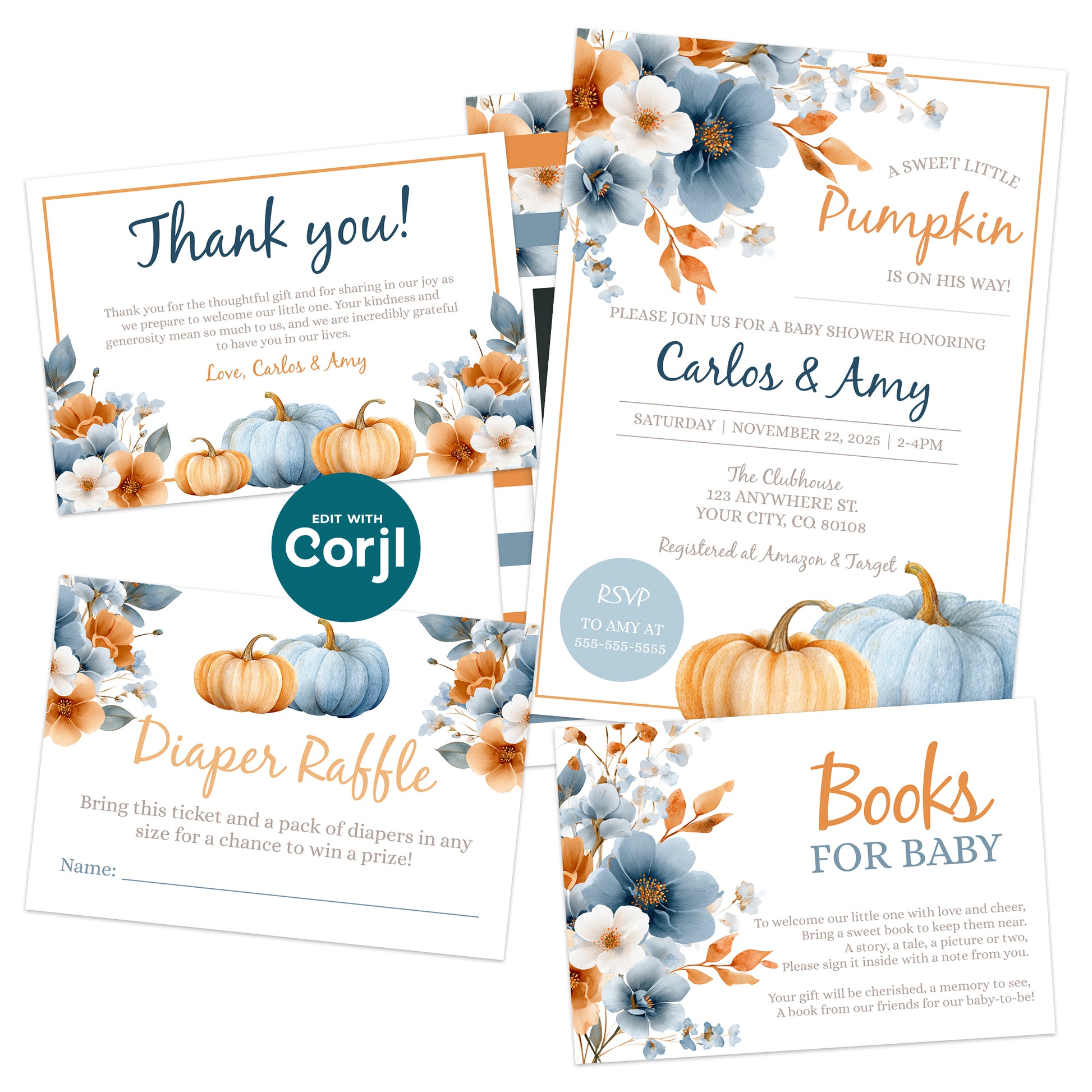 A set of autumn-themed baby shower stationery featuring pumpkins and blue-orange flowers, including invitations, thank you card, diaper raffle, and books for baby card.