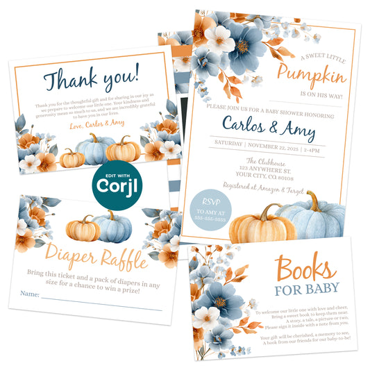 A set of autumn-themed baby shower stationery featuring pumpkins and blue-orange flowers, including invitations, thank you card, diaper raffle, and books for baby card.