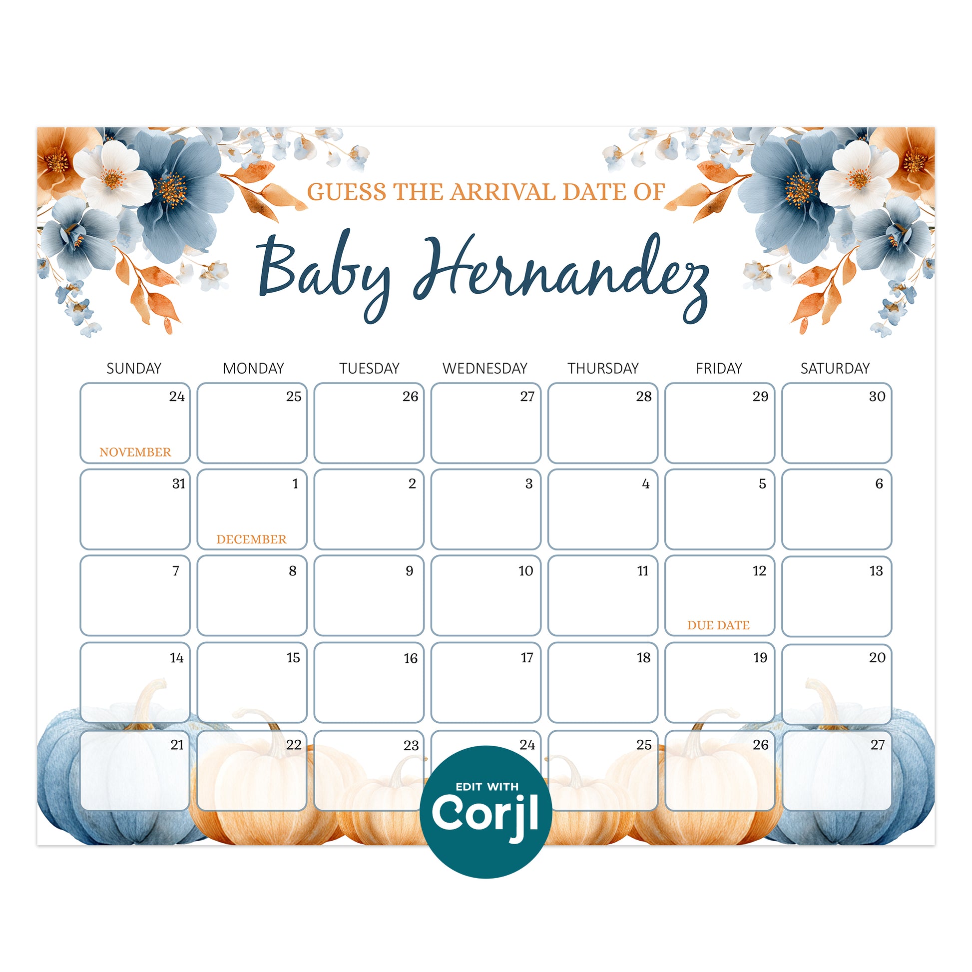 Fall-themed baby due date prediction calendar for "Baby Hernandez," with floral and pumpkin decorations, and dates spanning late November to mid-December.