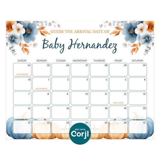 Fall-themed baby due date prediction calendar for "Baby Hernandez," with floral and pumpkin decorations, and dates spanning late November to mid-December.
