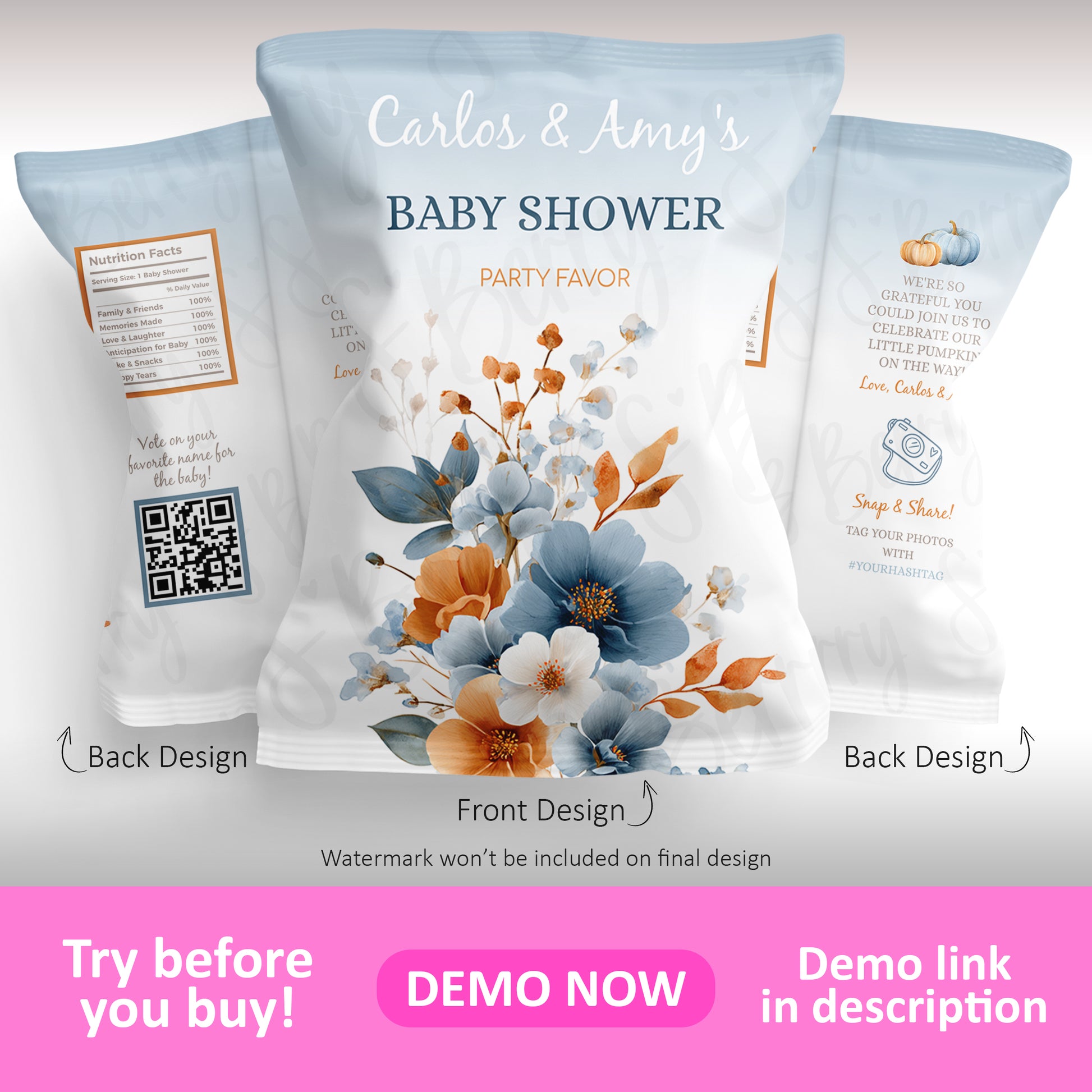 Three customized chip bags with a floral design and "Carlos &amp; Amy's Baby Shower" text are displayed, showing both front and back designs, including QR codes and a gratitude message.