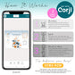 An infographic explains how to use Corjl to edit and purchase a baby shower invitation on a mobile device, with step-by-step icons and instructions.