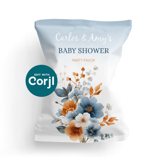 A white party favor bag labeled "Carlos & Amy's Baby Shower" with blue and orange floral design and a circular "Edit with Corjl" sticker.