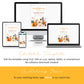 Digital Thanksgiving dinner invitation template displayed on a smartphone, tablet, laptop, and desktop; instructions for editing and finding matching items shown.
