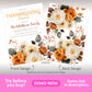 Two-sided Thanksgiving dinner invitation with floral design; front displays event details, back features white and orange flowers with brown leaves.
