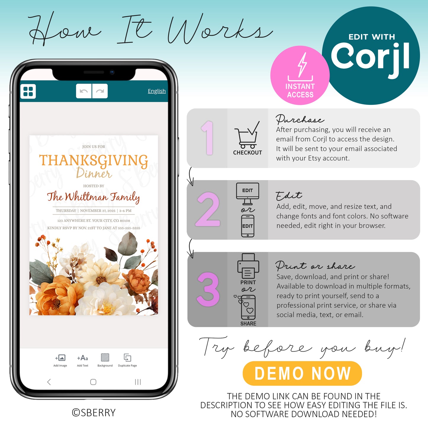 A guide showing how to edit a Thanksgiving dinner invitation with Corjl: purchase, edit online, then print or share; includes a DEMO NOW button on a phone mockup displaying the invitation.