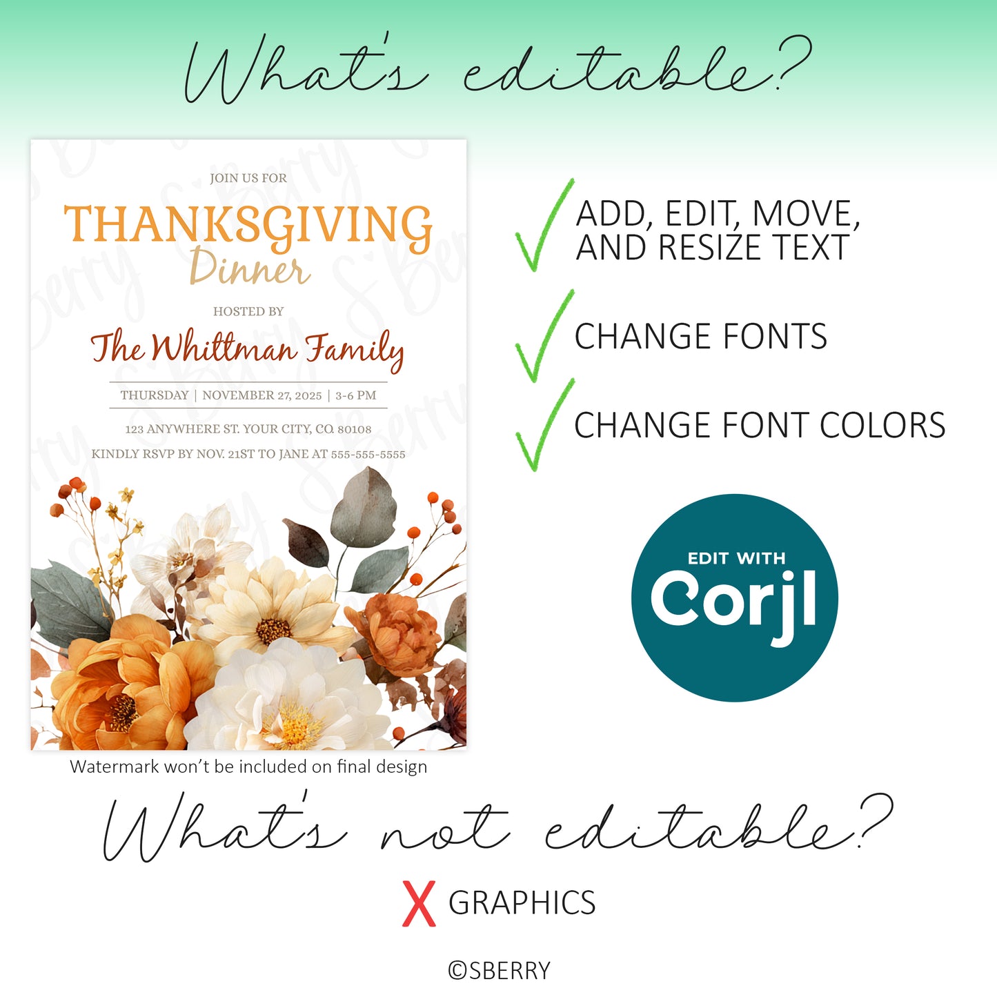 A Thanksgiving dinner invitation template with floral graphics, listing editable features: text, fonts, and font colors; graphics are not editable. Includes "Edit with Corjl" logo.