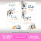 Four baby shower signs with floral designs and pastel pumpkins, labeled "Cards & Gifts," "Books for Baby," "Chili Bar," and "Diaper Raffle.