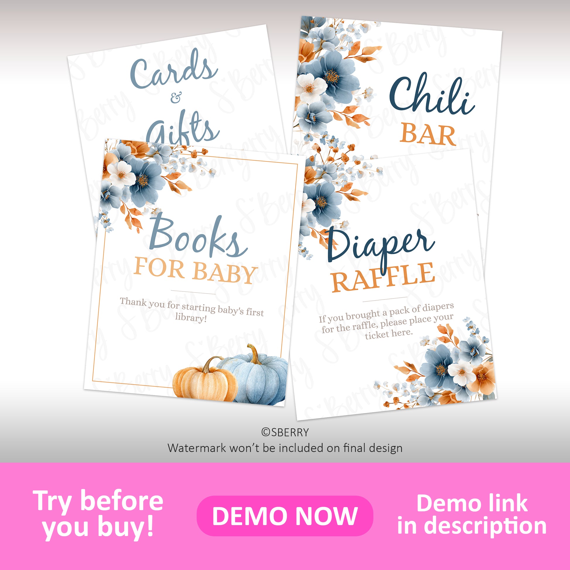 Four baby shower signs with floral designs and pastel pumpkins, labeled "Cards & Gifts," "Books for Baby," "Chili Bar," and "Diaper Raffle.