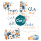 Four baby shower signs featuring blue and orange floral designs with headings: Diaper Raffle, Chili Bar, Cards & Gifts, and Books for Baby, with pumpkins on the Books for Baby sign.